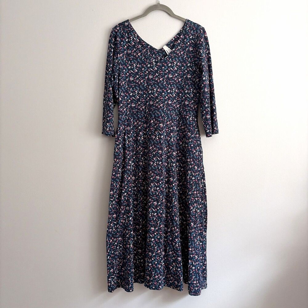 Pact Womens Fit & Flare Party Midi Dress Large Short Navy Pink Print Modest